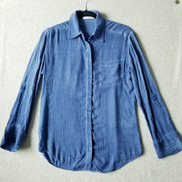 Alice + Olivia Donnie Piper Crinkled Button Up Chambray Blue Shirt Top Blouse XS - Picture 1 of 11